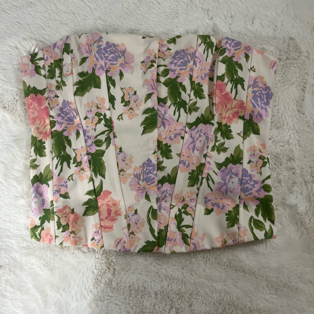 Zara Floral Corset Top - Pink, Purple, Green on Cream